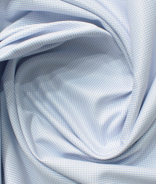Cotton Fusion Men's Cotton Blend Wrinkle Free Checks 2.25 Meter Unstitched Shirting Fabric (White & Sky Blue)