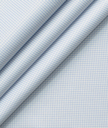 Cotton Fusion Men's Cotton Blend Wrinkle Free Checks 2.25 Meter Unstitched Shirting Fabric (White & Sky Blue)