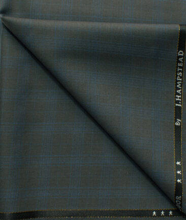 J.Hampstead Men's 45% Wool Checks Super 120's1.30 Meter Unstitched Trouser Fabric (Grey & Blue)