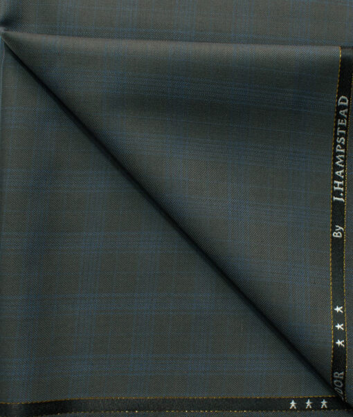J.Hampstead Men's 45% Wool Checks Super 120's1.30 Meter Unstitched Trouser Fabric (Grey & Blue)