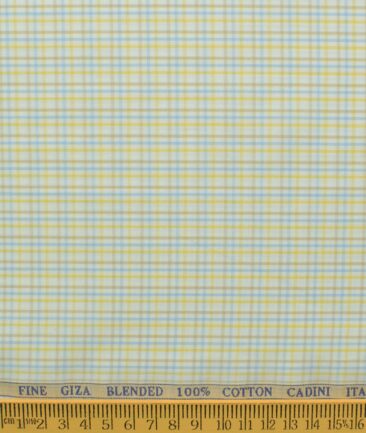 Cadini Men's Giza Blended Cotton Checks 2.25 Meter Unstitched Shirting Fabric (White & Yellow)