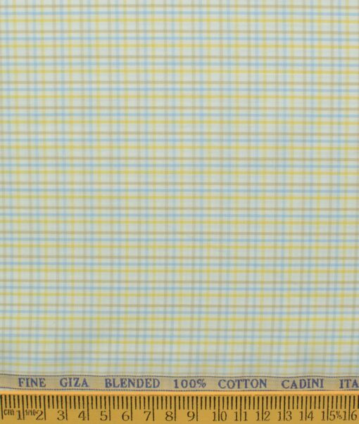 Cadini Men's Giza Blended Cotton Checks 2.25 Meter Unstitched Shirting Fabric (White & Yellow)