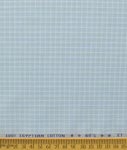 Morarjee Men's Super 60's Egyptian Cotton  Checks 2.25 Meter Unstitched Shirting Fabric (White & Blue)