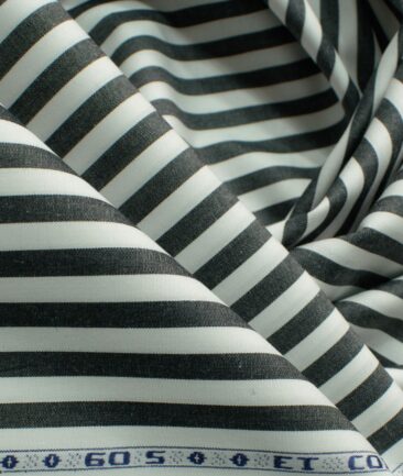 Morarjee Men's Super 60's Egyptian Cotton  Striped 2.25 Meter Unstitched Shirting Fabric (White & Dark Grey)