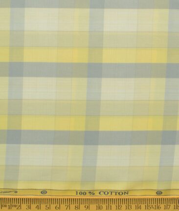 Soktas Men's Cotton Checks 2.25 Meter Unstitched Shirting Fabric (Yellow & Grey)