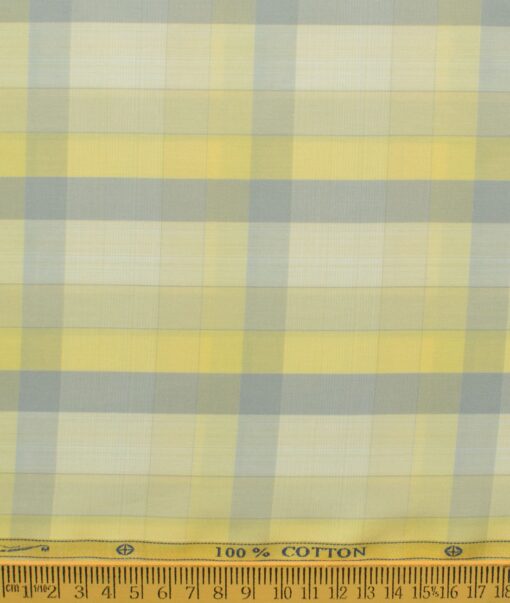 Soktas Men's Cotton Checks 2.25 Meter Unstitched Shirting Fabric (Yellow & Grey)