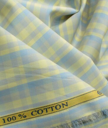 Soktas Men's Cotton Checks 2.25 Meter Unstitched Shirting Fabric (Yellow & Purplish Grey)