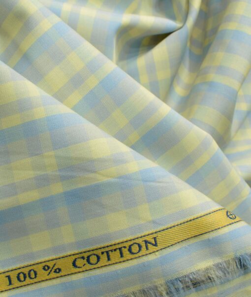 Soktas Men's Cotton Checks 2.25 Meter Unstitched Shirting Fabric (Yellow & Purplish Grey)