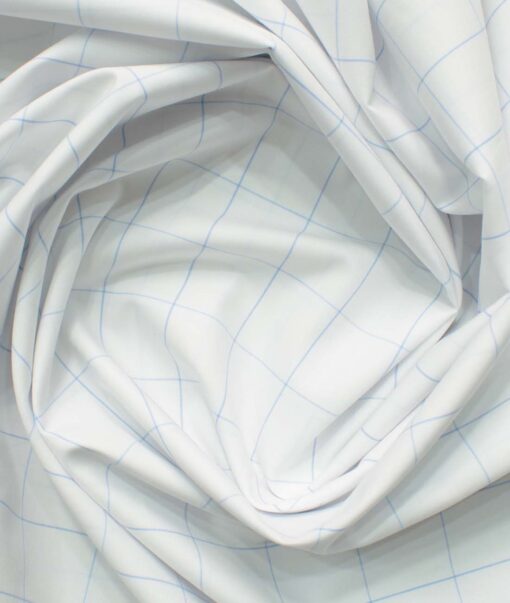 Cadini Men's Pure Cotton Checks 2.25 Meter Unstitched Shirting Fabric (White & Sky Blue)
