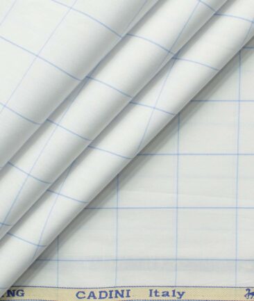 Cadini Men's Pure Cotton Checks 2.25 Meter Unstitched Shirting Fabric (White & Sky Blue)