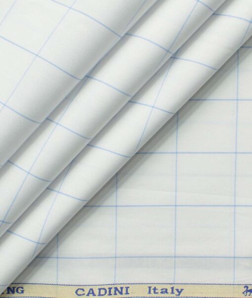 Cadini Men's Pure Cotton Checks 2.25 Meter Unstitched Shirting Fabric (White & Sky Blue)