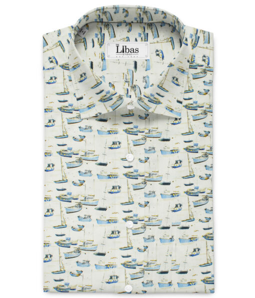 Raymond Men's Pure Cotton Printed 2.25 Meter Unstitched Shirting Fabric (White & Blue)