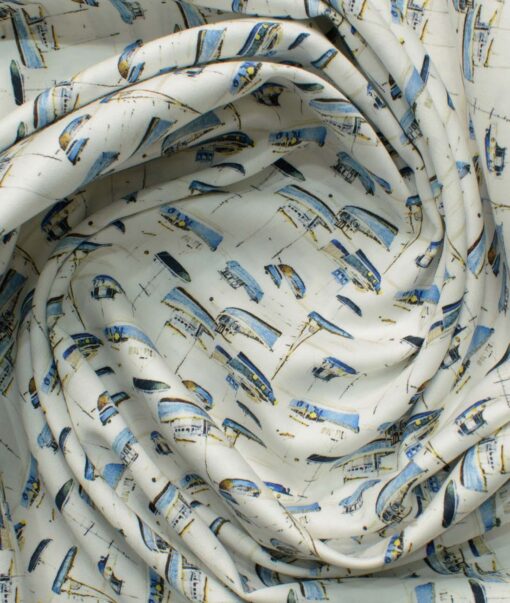 Raymond Men's Pure Cotton Printed 2.25 Meter Unstitched Shirting Fabric (White & Blue)