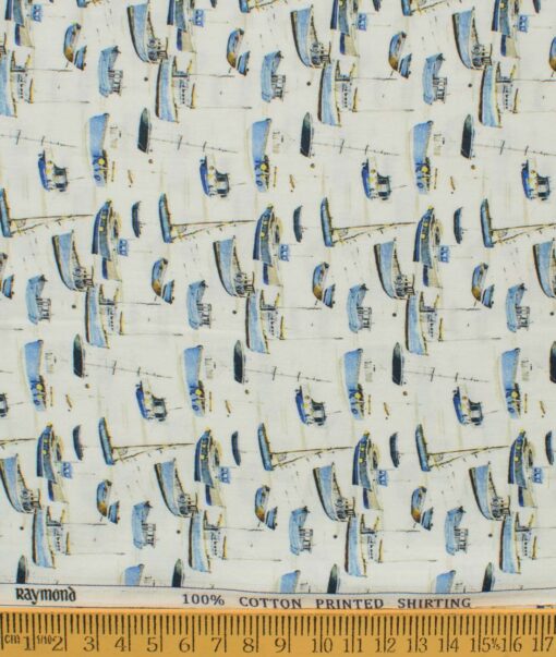 Raymond Men's Pure Cotton Printed 2.25 Meter Unstitched Shirting Fabric (White & Blue)