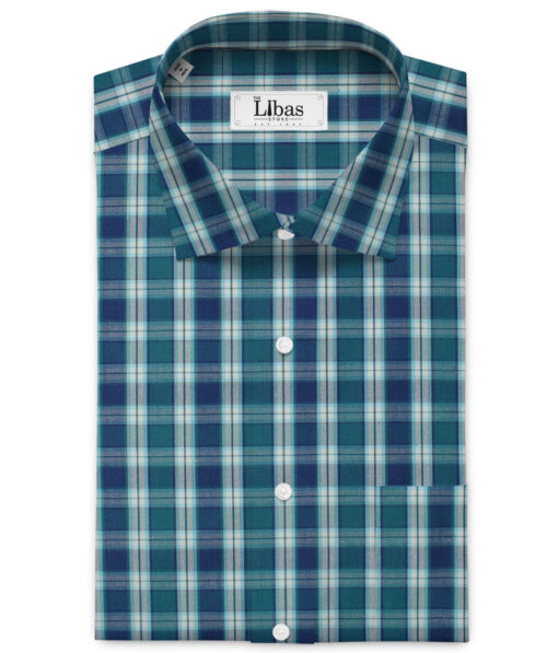 Raymond Men's Premium Cotton Checks 2.25 Meter Unstitched Shirting Fabric (Green & Blue)