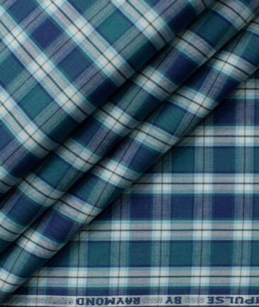Raymond Men's Premium Cotton Checks 2.25 Meter Unstitched Shirting Fabric (Green & Blue)