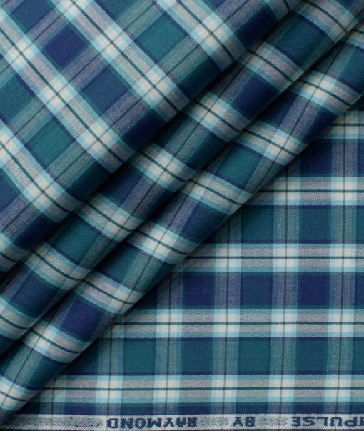 Raymond Men's Premium Cotton Checks 2.25 Meter Unstitched Shirting Fabric (Green & Blue)