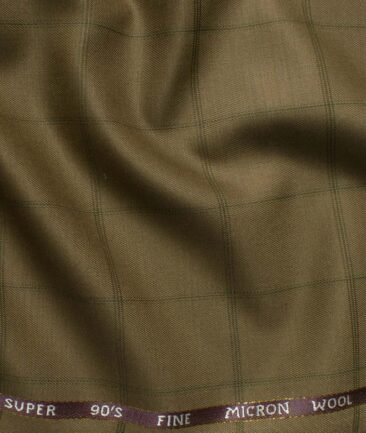 J.Hampstead Men's 20% Wool Super 90's Checks 3.75 Meter Unstitched Suiting Fabric (Khakhi Brown base with Green Checks)