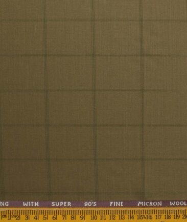 J.Hampstead Men's 20% Wool Super 90's Checks 3.75 Meter Unstitched Suiting Fabric (Khakhi Brown base with Green Checks)