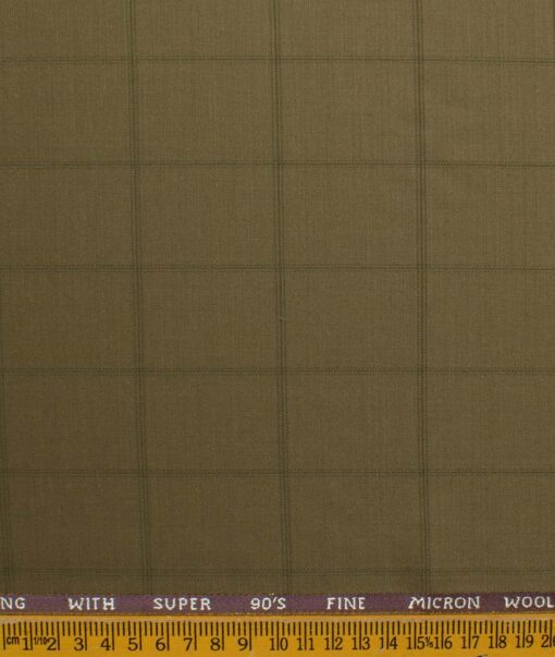 J.Hampstead Men's 20% Wool Super 90's Checks 3.75 Meter Unstitched Suiting Fabric (Khakhi Brown base with Green Checks)