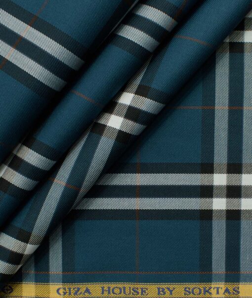 Soktas Men's Giza Cotton Checks 2.25 Meter Unstitched Shirting Fabric (Nile Blue)