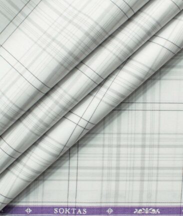 Soktas Men's Giza Cotton Checks 2.25 Meter Unstitched Shirting Fabric (White & Grey)
