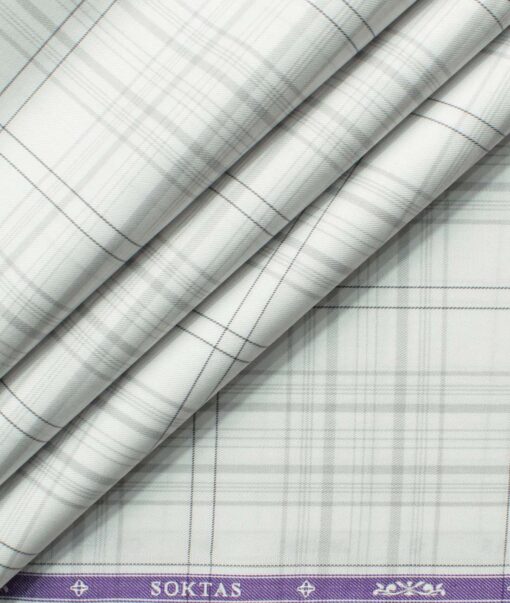 Soktas Men's Giza Cotton Checks 2.25 Meter Unstitched Shirting Fabric (White & Grey)