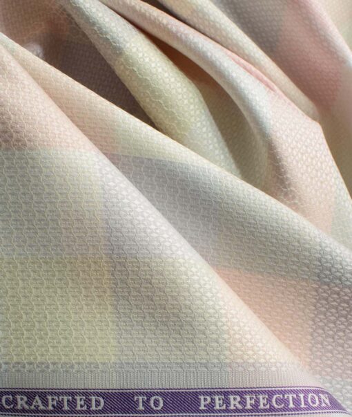 Soktas Men's Giza Cotton Checks 2.25 Meter Unstitched Shirting Fabric (White & Pink)