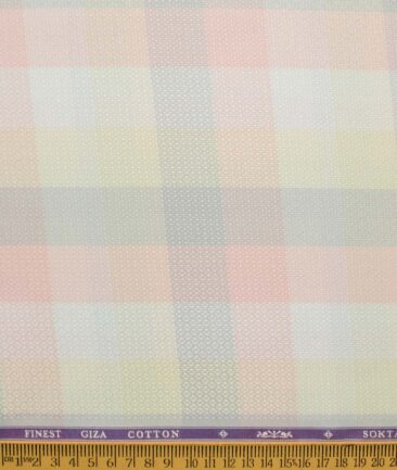 Soktas Men's Giza Cotton Checks 2.25 Meter Unstitched Shirting Fabric (White & Pink)