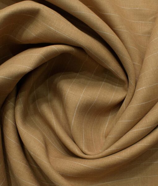 Linen Club Men's Pure Linen 66 LEA Striped 2.25 Meter Unstitched Shirting Fabric (Camel Brown)
