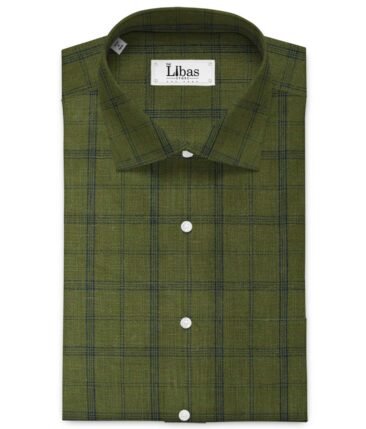 Linen Club Men's Pure Linen 66 LEA Checks 2.25 Meter Unstitched Shirting Fabric (Moss Green)