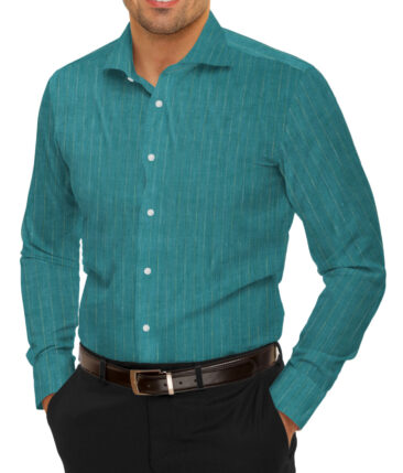 Linen Club Men's Pure Linen 66 LEA Striped 2.25 Meter Unstitched Shirting Fabric (Surfie Green)