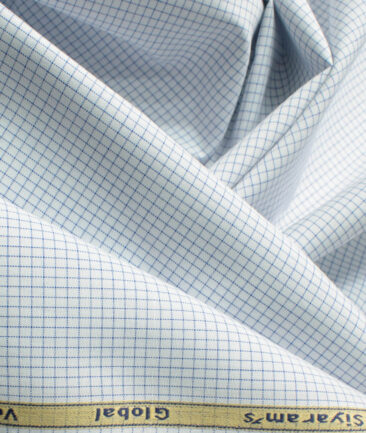 Cadini Men's Bamboo Wrinkle Resistant Checks 2.25 Meter Unstitched Shirting Fabric (White & Blue)