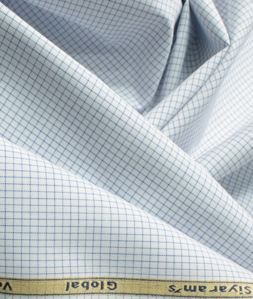 Cadini Men's Bamboo Wrinkle Resistant Checks 2.25 Meter Unstitched Shirting Fabric (White & Blue)