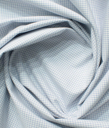 Cadini Men's Bamboo Wrinkle Resistant Checks 2.25 Meter Unstitched Shirting Fabric (White & Blue)