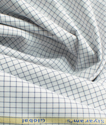 Cadini Men's Bamboo Wrinkle Resistant Checks 2.25 Meter Unstitched Shirting Fabric (White & Dark Blue)