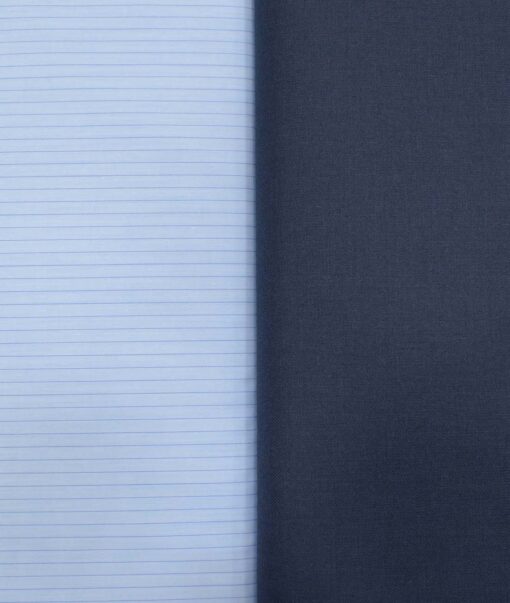 Combo of Unstitched Cotton Fusion Sky Blue Poly Cotton Shirt Fabric and Raymond Dark Blue Polyester Viscose Trouser Fabric