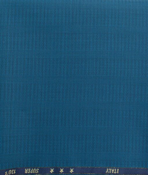 J.Hampstead Men's 60% Wool Super 130's Checks  Unstitched Trouser Fabric (Firozi Blue)