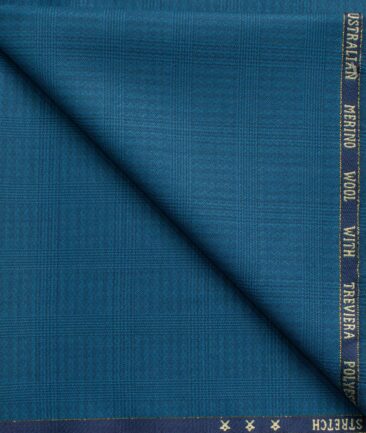 J.Hampstead Men's 60% Wool Super 130's Checks  Unstitched Trouser Fabric (Firozi Blue)