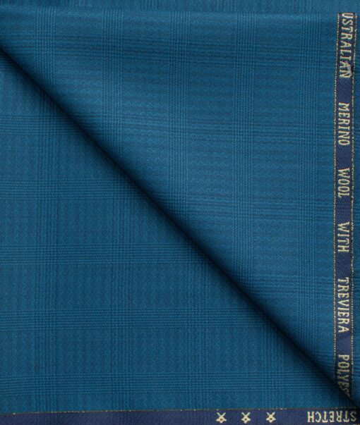 J.Hampstead Men's 60% Wool Super 130's Checks  Unstitched Trouser Fabric (Firozi Blue)