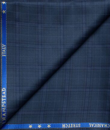 J.Hampstead Men's 60% Wool Super 130's Checks  Unstitched Trouser Fabric (Blue)