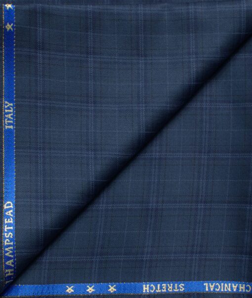 J.Hampstead Men's 60% Wool Super 130's Checks  Unstitched Trouser Fabric (Blue)