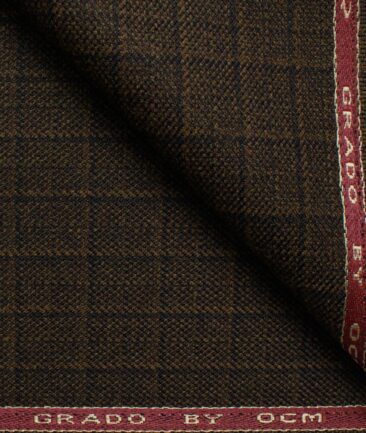 OCM Men's 50% Merino Wool  Checks  2 Meter Unstitched Tweed Jacketing & Blazer Fabric (Brown)