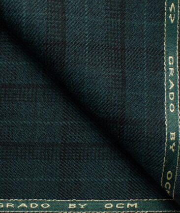 OCM Men's 50% Merino Wool  Checks  2 Meter Unstitched Tweed Jacketing & Blazer Fabric (Pine Green)