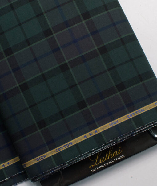 Treviso by Luthai Men's Giza Cotton Checks  Unstitched Shirting Fabric (Pine Green)