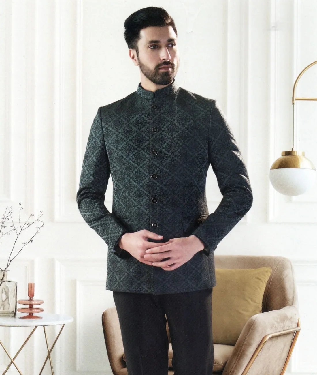 Nemesis Men's Terry Rayon Embroidered  Unstitched Jacket, Blazer or Indowestern Ethnic Fabric (Dark Grey)