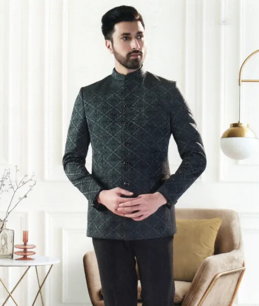 Nemesis Men's Terry Rayon Embroidered  Unstitched Jacket, Blazer or Indowestern Ethnic Fabric (Dark Grey) - Image 1