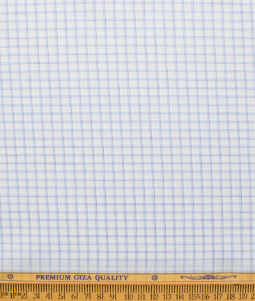Soktas Men's Giza Cotton Checks  Unstitched Shirting Fabric (White & Blue)