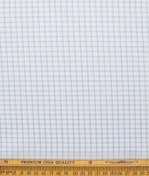 Soktas Men's Giza Cotton Checks  Unstitched Shirting Fabric (White & Blue)