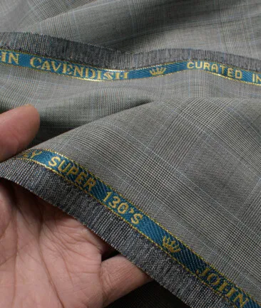 John Cavendish Men's 50% Wool Super 130's Checks  Unstitched Suiting Fabric (Grey)